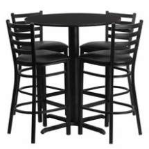 Flash Furniture HDBF1021-GG 30&quot; Round Black Laminate Table Set with 4 Ladder Back Metal Bar Stools Black Vinyl Seat