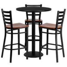 Flash Furniture MD-0013-GG 30&quot; Round Black Laminate Table Set with 3 Ladder Back Metal Bar Stools, Cherry Wood Seat