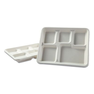 Bagasse Molded Fiber Dinnerware, 5-Compartment Tray, White 8 x 10 ,  500/Carton - LionsDeal