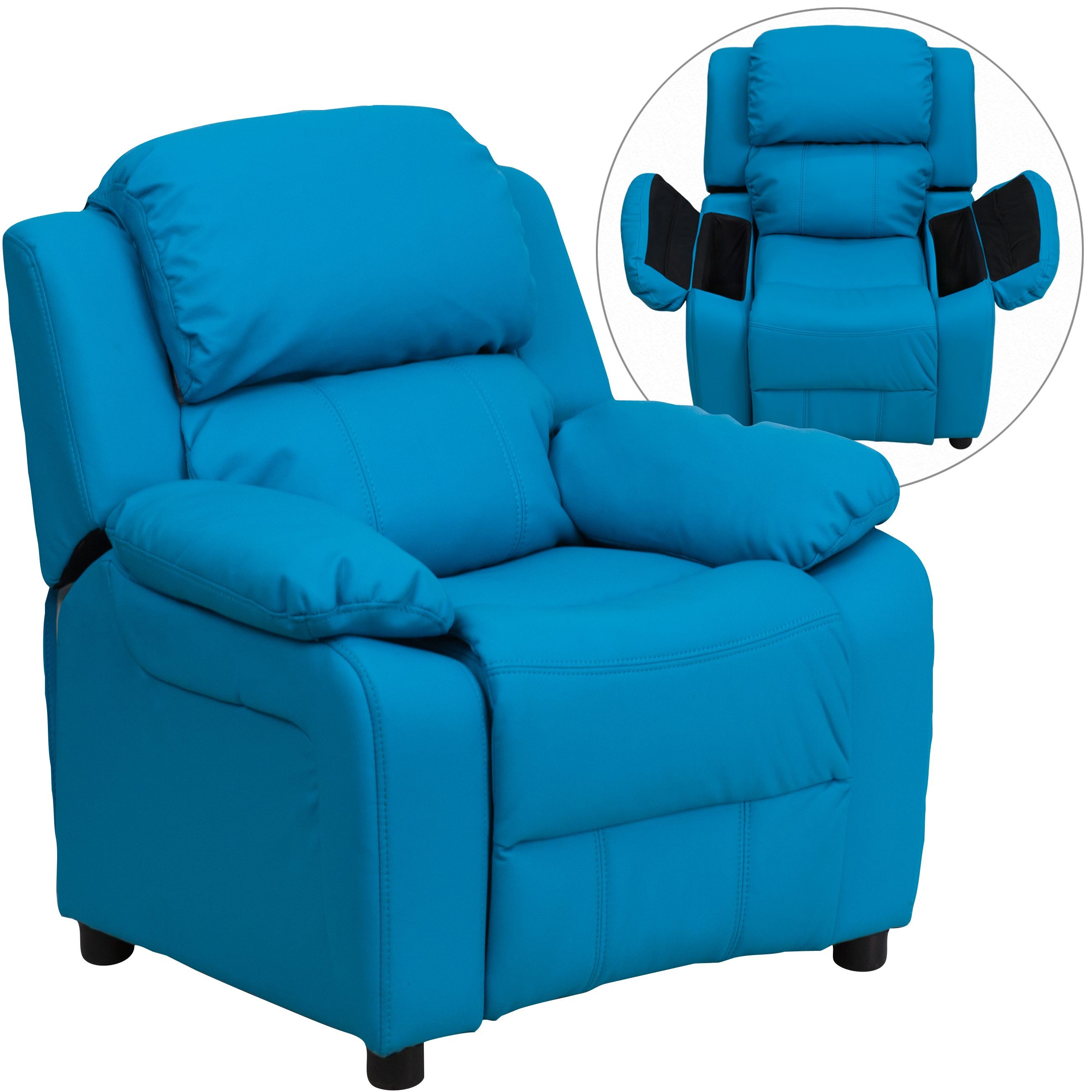 Flash Furniture BT-7985-KID-TURQ-GG Deluxe Heavily Padded Contemporary  Turquoise Vinyl Kids Recliner with Storage Arms - LionsDeal