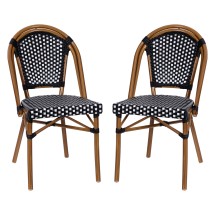 Flash Furniture 2-SDA-AD642001-BKWH-NAT-GG Indoor/Outdoor Stacking Black/White PE Rattan French Bistro Chair, Natural Frame, 2/Set