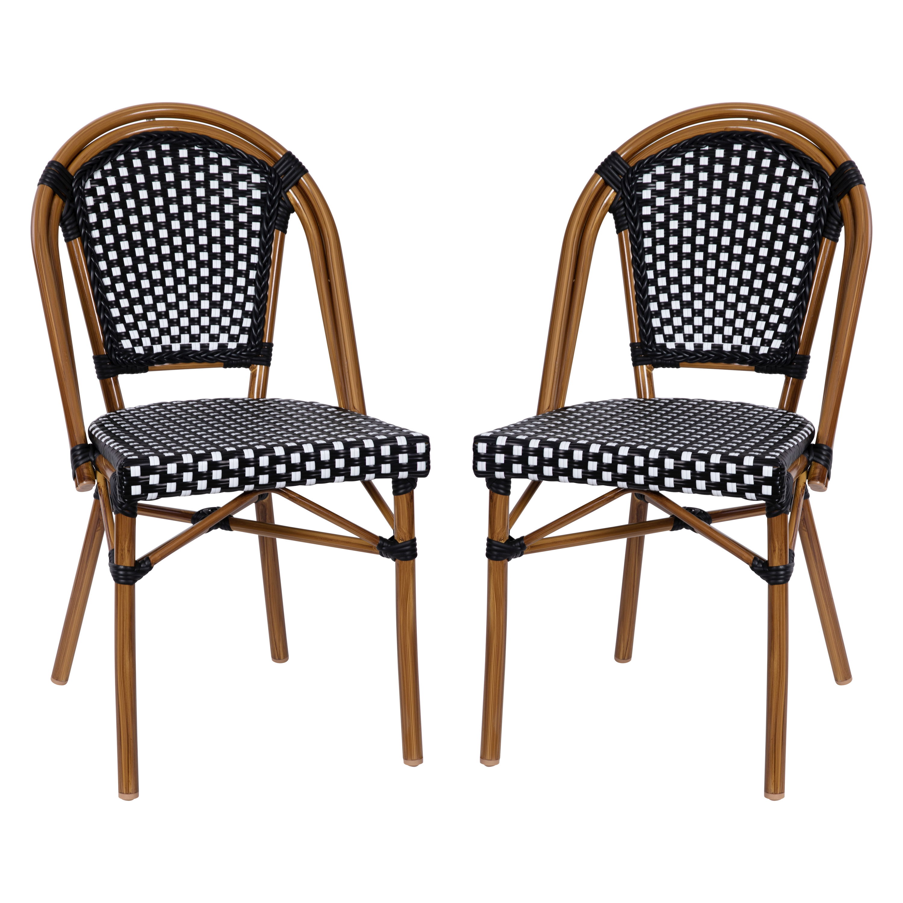 Flash Furniture 2-SDA-AD642001-BKWH-NAT-GG Indoor/Outdoor Stacking Black/White PE Rattan French Bistro Chair, Natural Frame, 2/Set