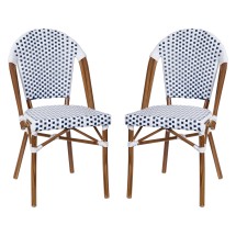 Flash Furniture 2-SDA-AD642001-F-WHNVY-NAT-GG Indoor/OutdoorWhite/Navy PE Rattan French Bistro Stacking Chair with Natural Frame, 2/Set