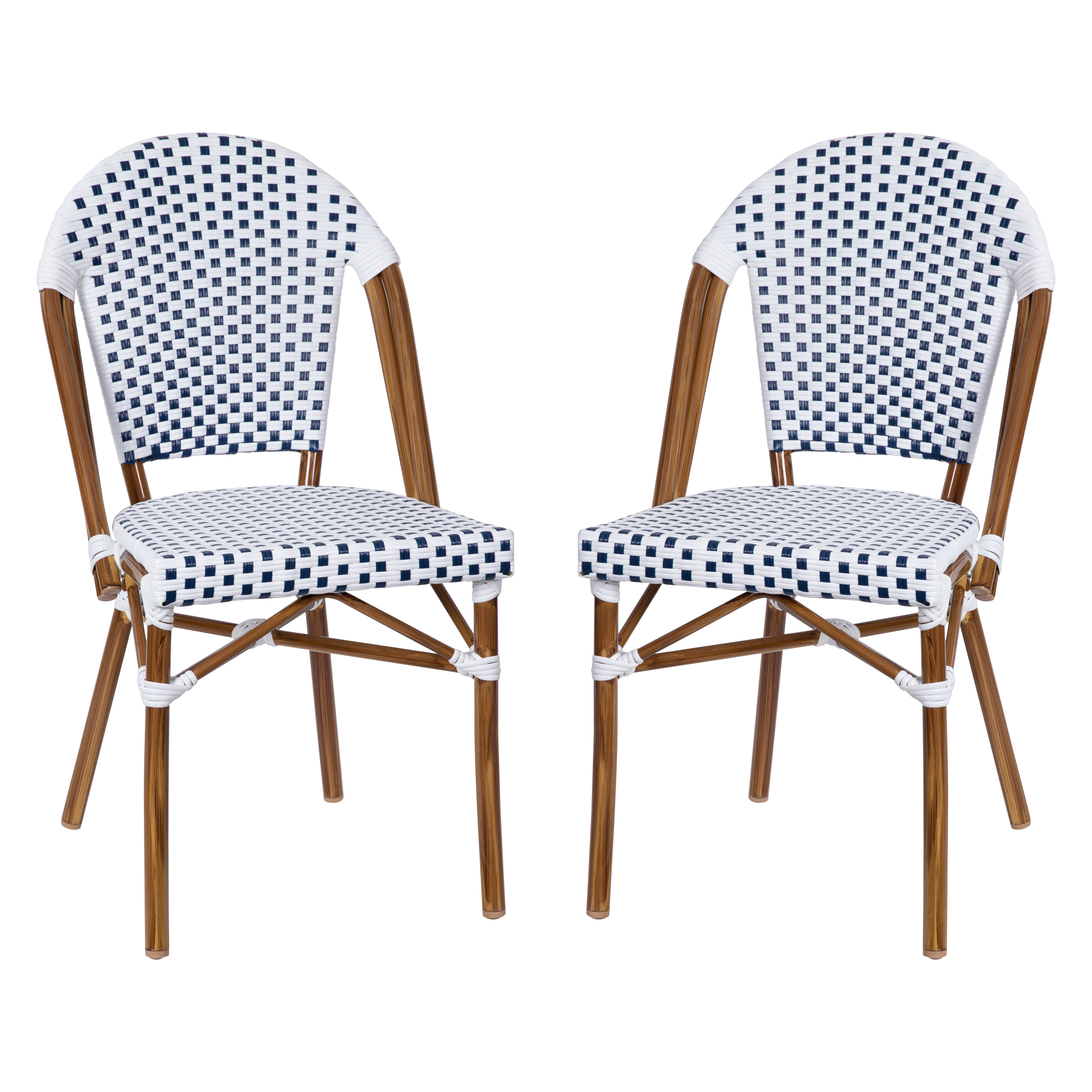 Flash Furniture 2-SDA-AD642001-F-WHNVY-NAT-GG Indoor/OutdoorWhite/Navy PE Rattan French Bistro Stacking Chair with Natural Frame, 2/Set