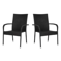 Flash Furniture 2-TW-3WBE073-BK-GG Stackable Indoor/Outdoor Black Wicker Dining Chair with Arms, Steel Frame, Set of 2