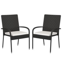 Flash Furniture 2-TW-3WBE073-CU01CR-BK-GG Stackable Indoor/Outdoor Black Wicker Dining Chair with Cream Seat Cushions, Set of 2 