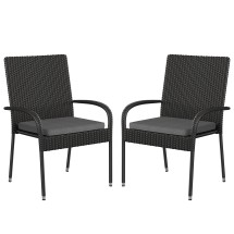 Flash Furniture 2-TW-3WBE073-CU01GY-BK-GG Stackable Indoor/Outdoor Black Wicker Dining Chair with Gray Seat Cushions, Set of 2 