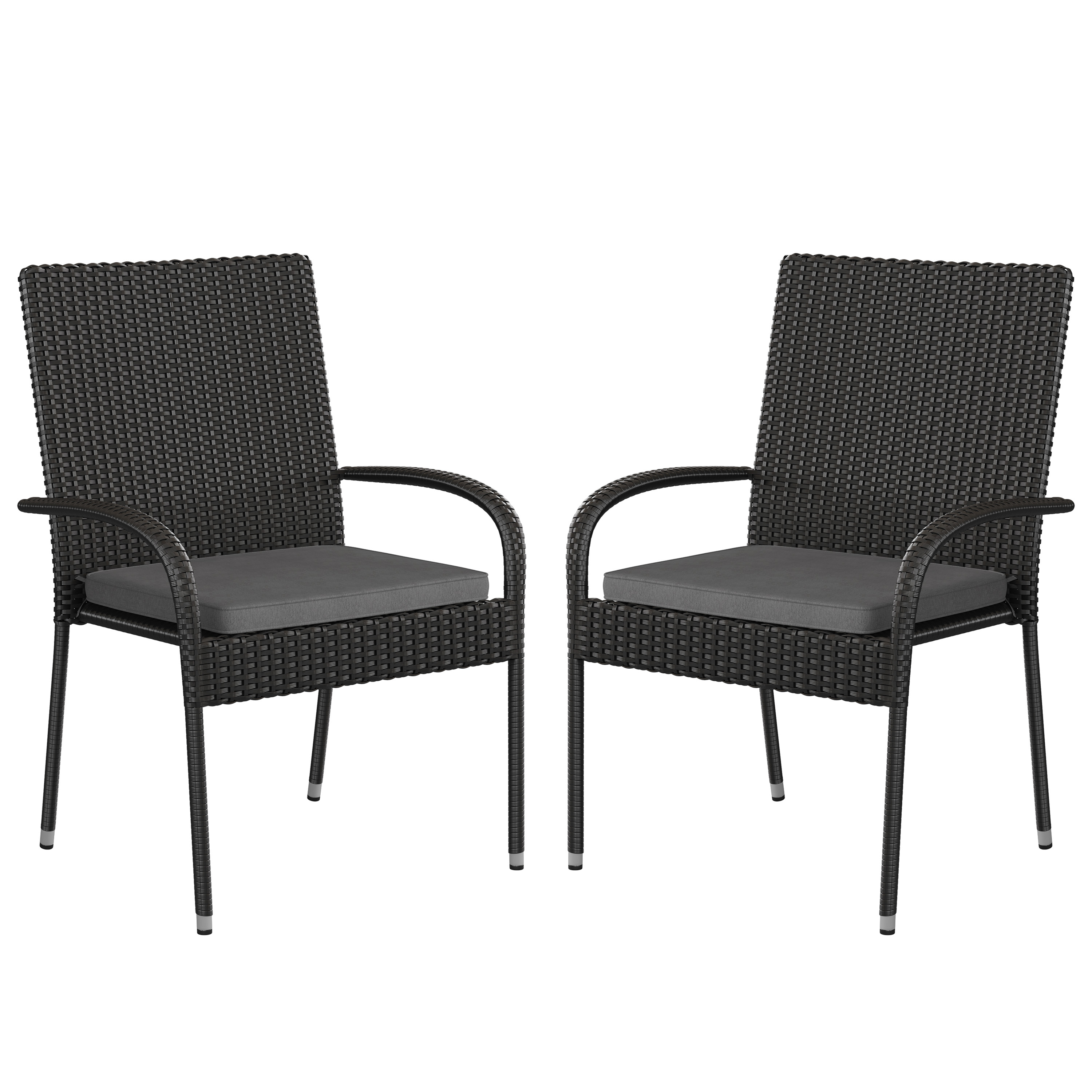 Flash Furniture 2-TW-3WBE073-CU01GY-BK-GG Stackable Indoor/Outdoor Black Wicker Dining Chair with Gray Seat Cushions, Set of 2 