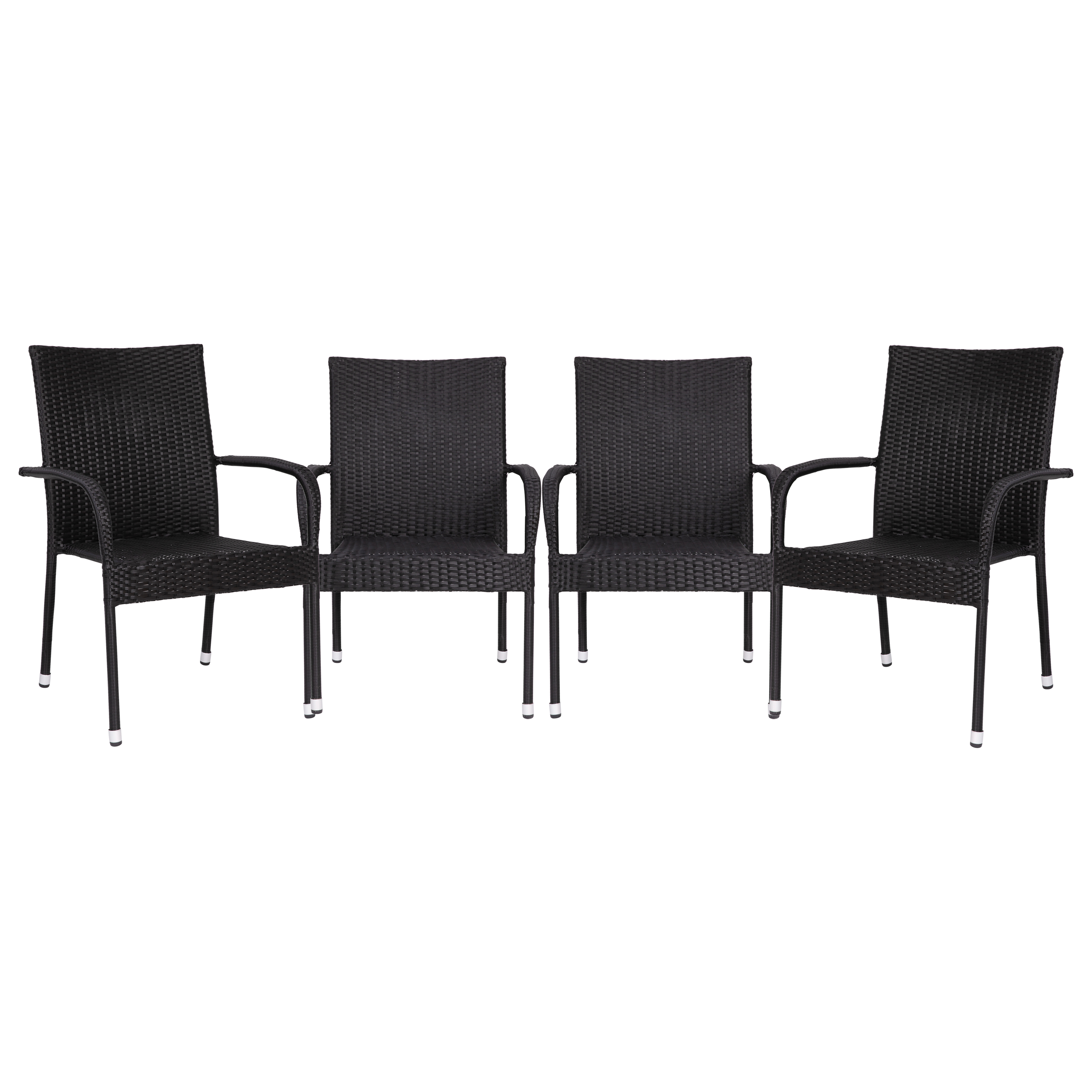 Flash Furniture 4-TW-3WBE073-BK-GG Black Stackable Indoor/Outdoor Wicker Dining Chair with Arms, Steel Frame, Set of 4 