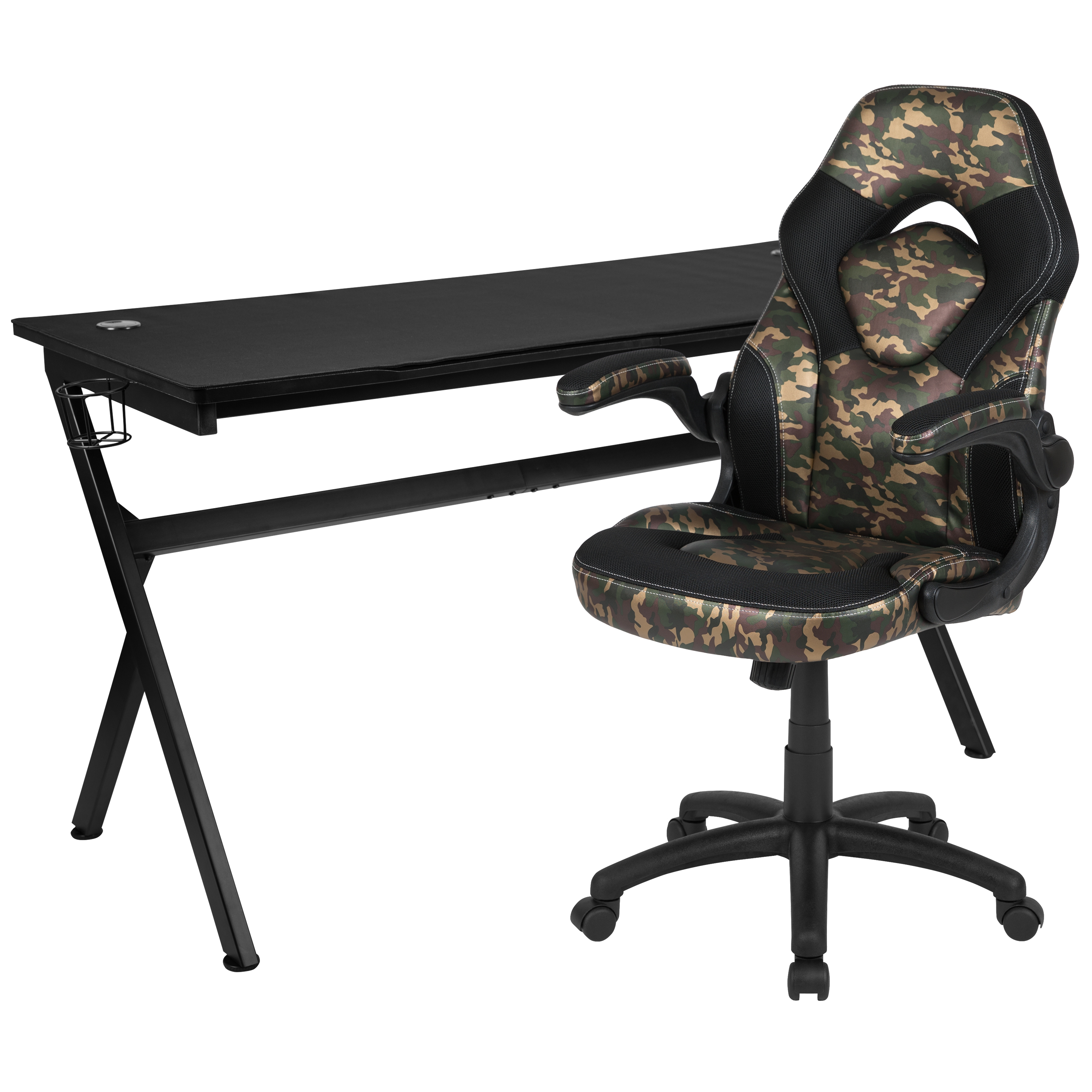 Flash Furniture BLN-X10D1904L-CAM-GG Gaming Desk/Camouflage/Black Racing Chair Set with Cup Holder/Headphone Hook/Removable Mouse Pad Top