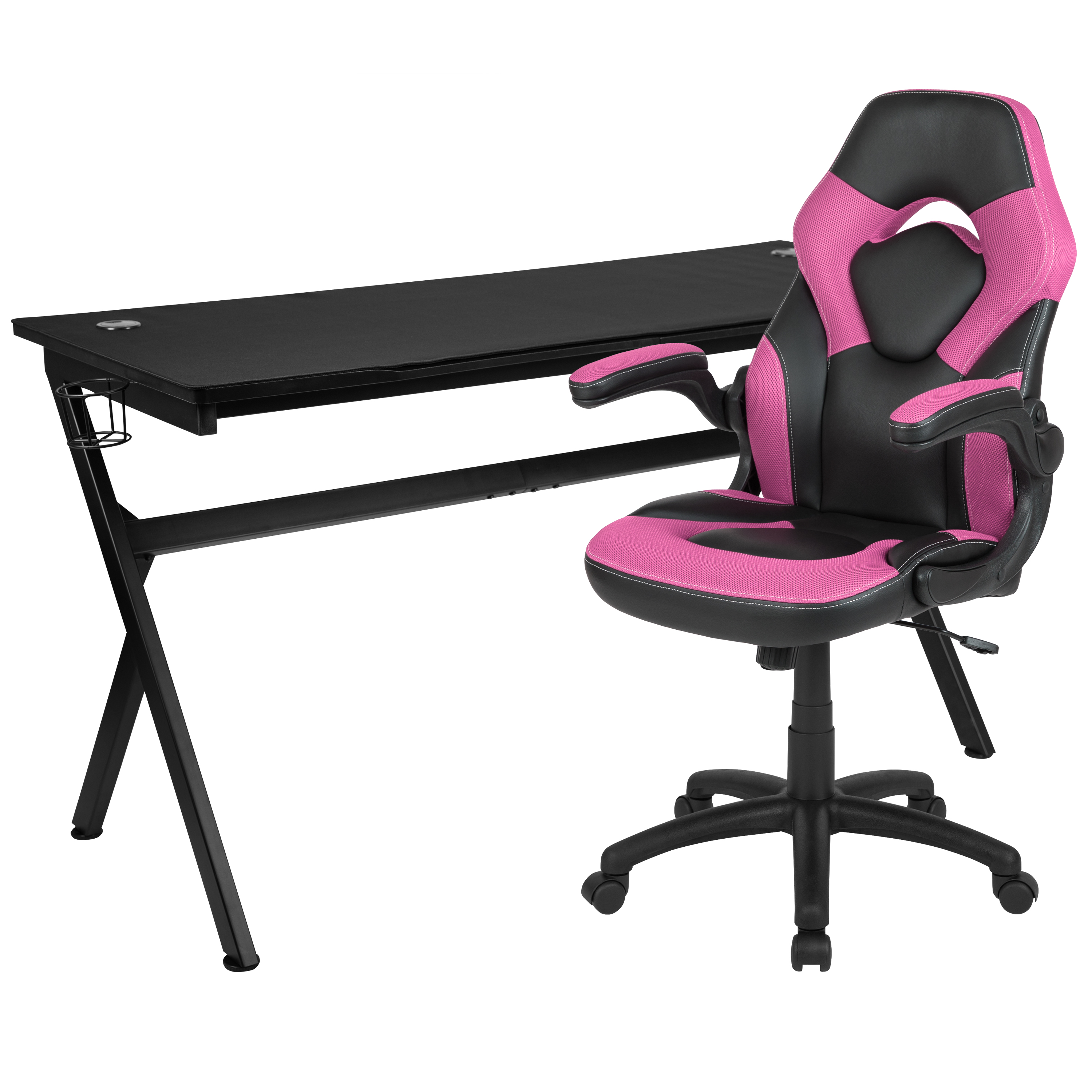 Flash Furniture BLN-X10D1904L-PK-GG Gaming Desk/Pink/Black Racing Chair Set with Cup Holder/Headphone Hook/Removable Mouse Pad Top