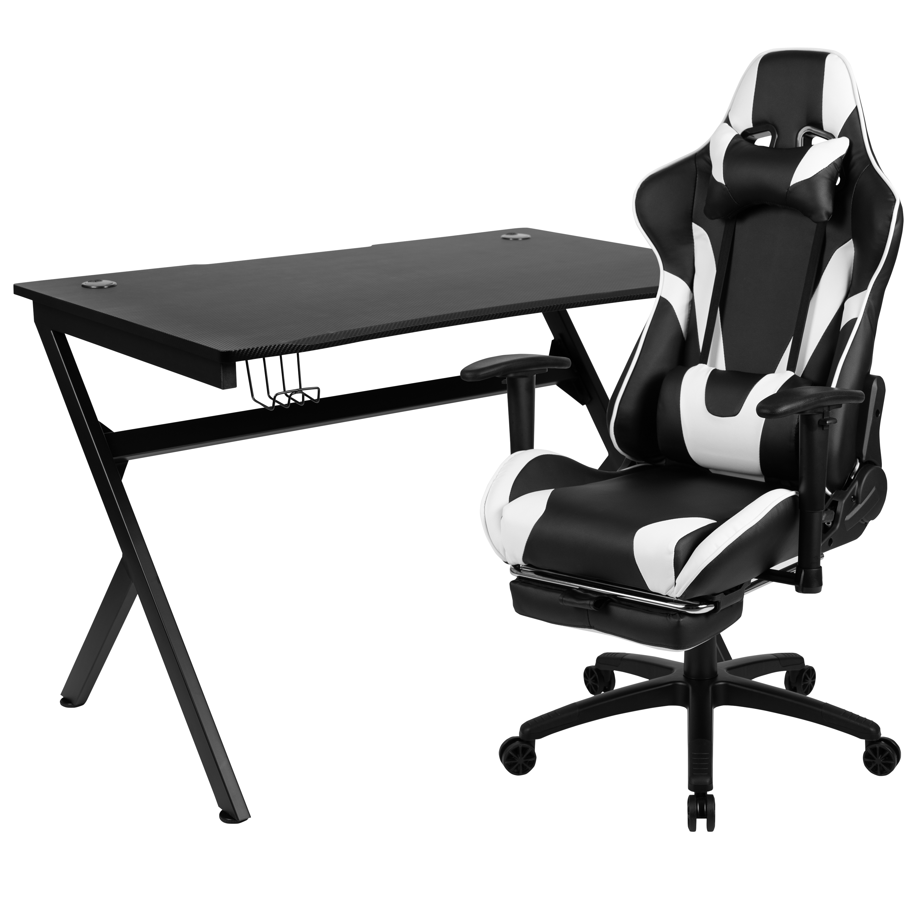 Flash Furniture BLN-X30D1904-BK-GG Gaming Desk/Black Reclining Gaming Chair Set with Cup Holder/Headphone Hook