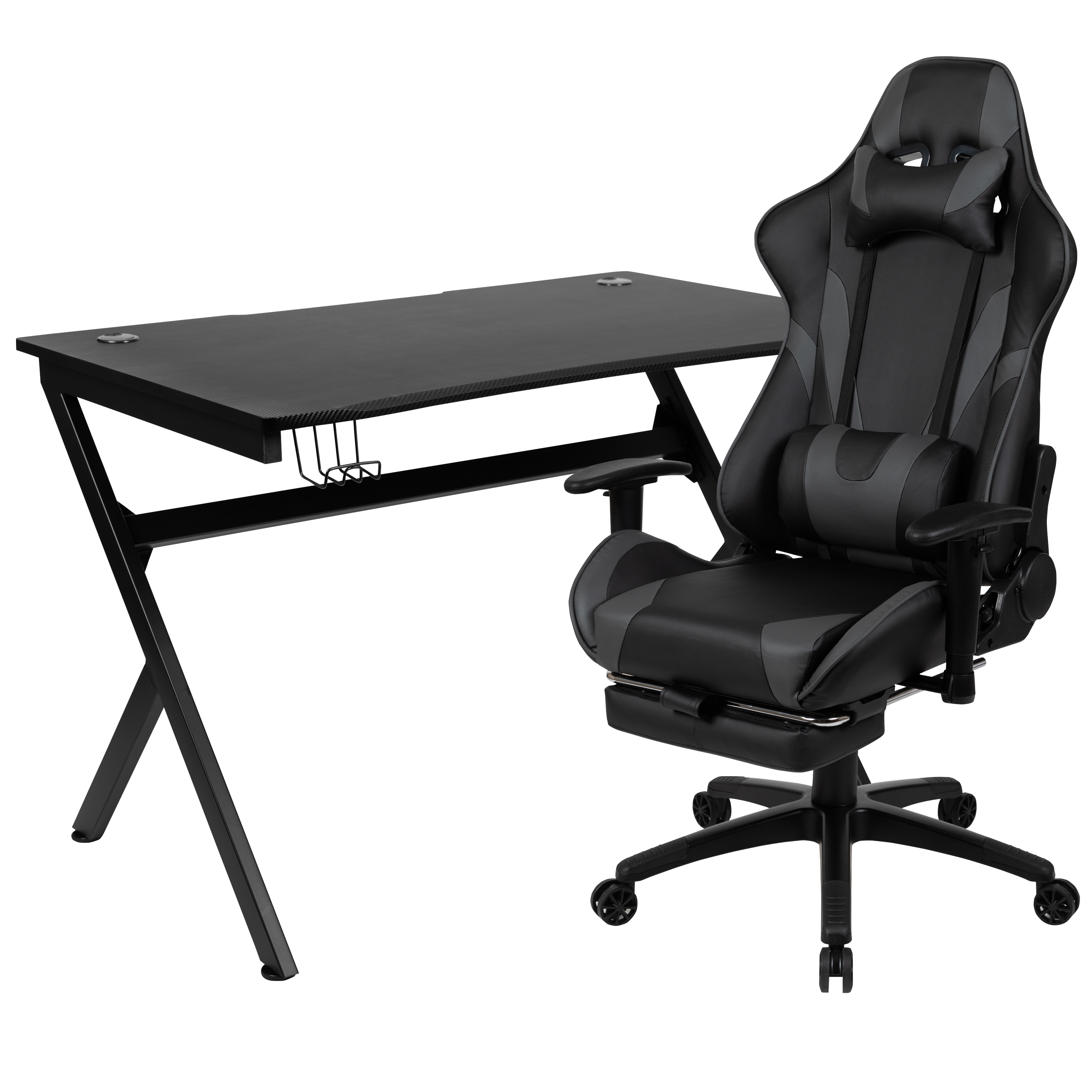 Flash Furniture BLN-X30D1904-GY-GG Gaming Desk/Gray Reclining Gaming Chair Set with Cup Holder/Headphone Hook