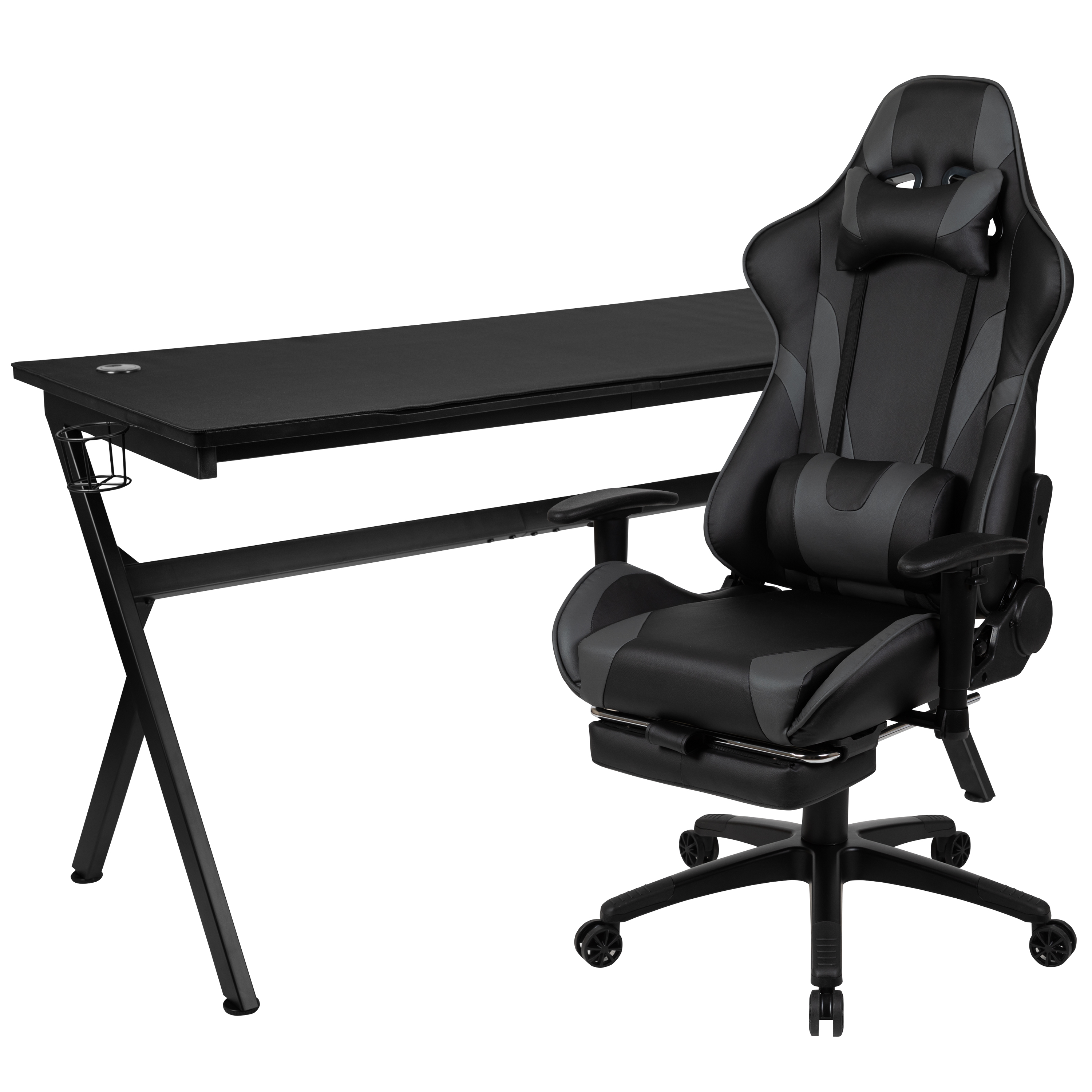 Flash Furniture BLN-X30D1904L-GY-GG Gaming Desk/Gray Reclining Gaming Chair Set with Cup Holder/Headphone Hook/Removable Mouse Pad Top