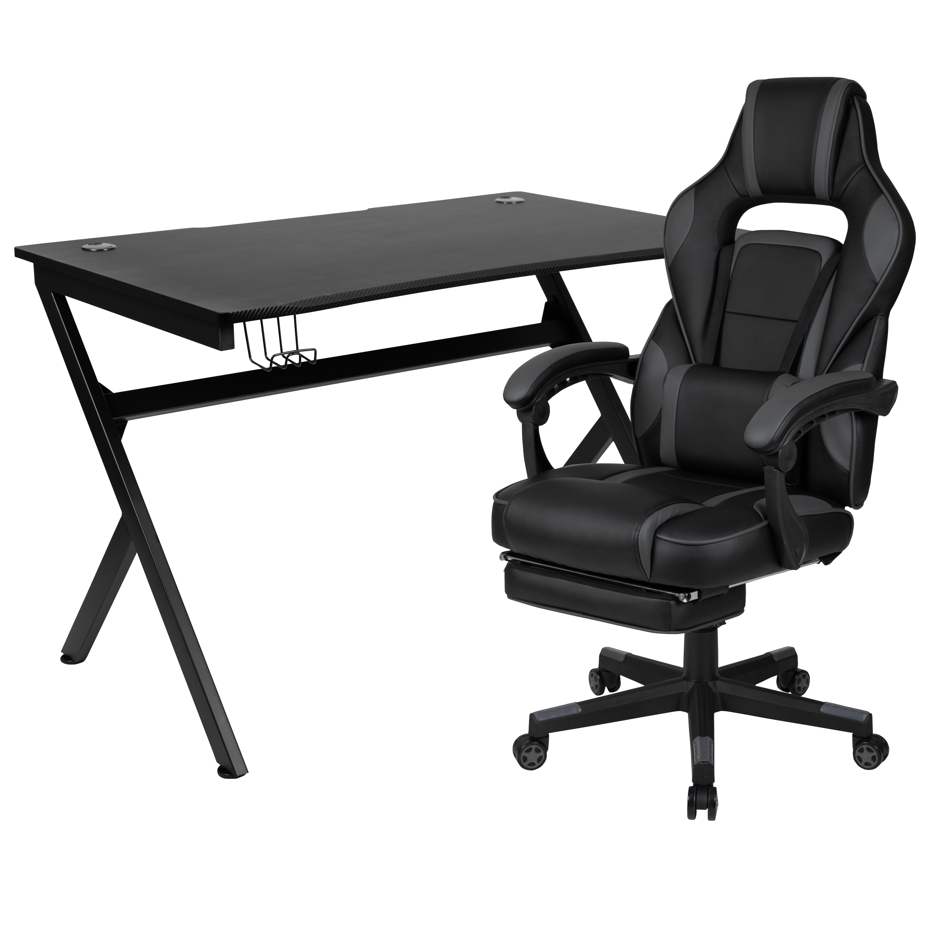 Flash Furniture BLN-X40D1904-BK-GG Gaming Desk/Black Reclining Gaming Chair with Cup Holder/Headphone Hook