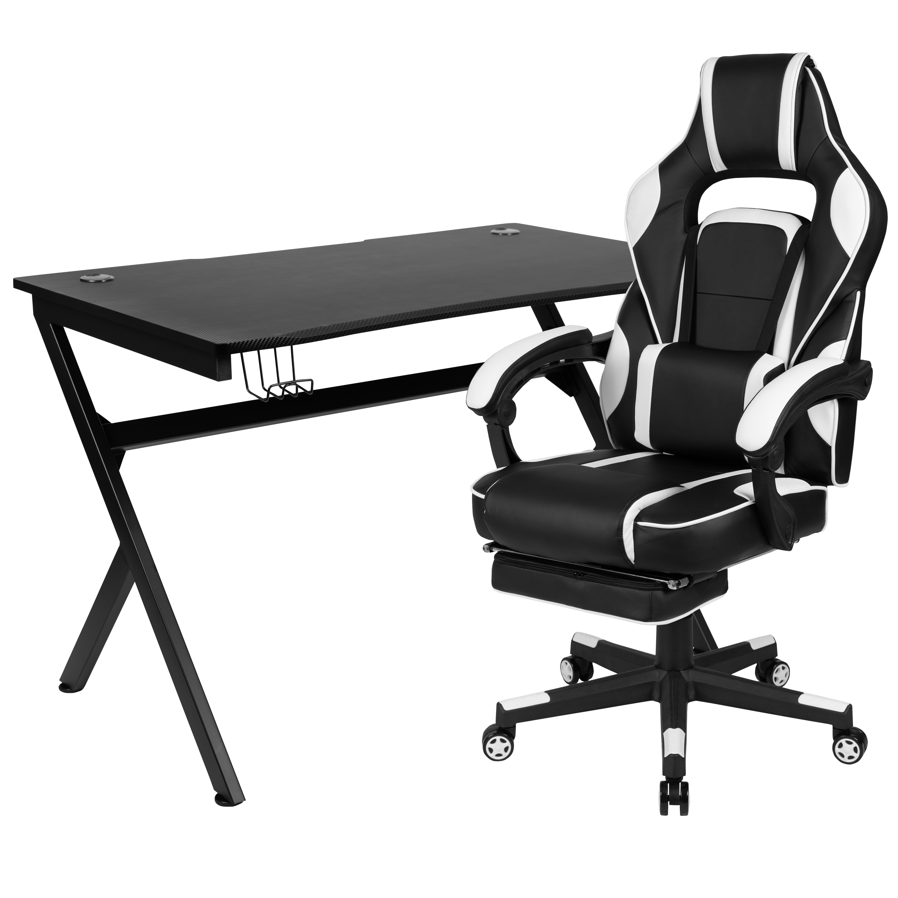 Flash Furniture BLN-X40D1904-WH-GG Black Gaming Desk/White Reclining Gaming Chair with Cup Holder/Headphone Hook