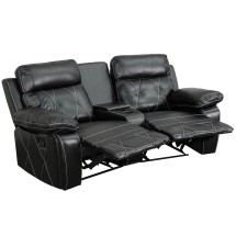 Flash Furniture BT-70530-2-BK-CV-GG Reel Comfort Series 2-Seat Reclining Black LeatherSoft Theater Seating Unit with Curved Cup Holders