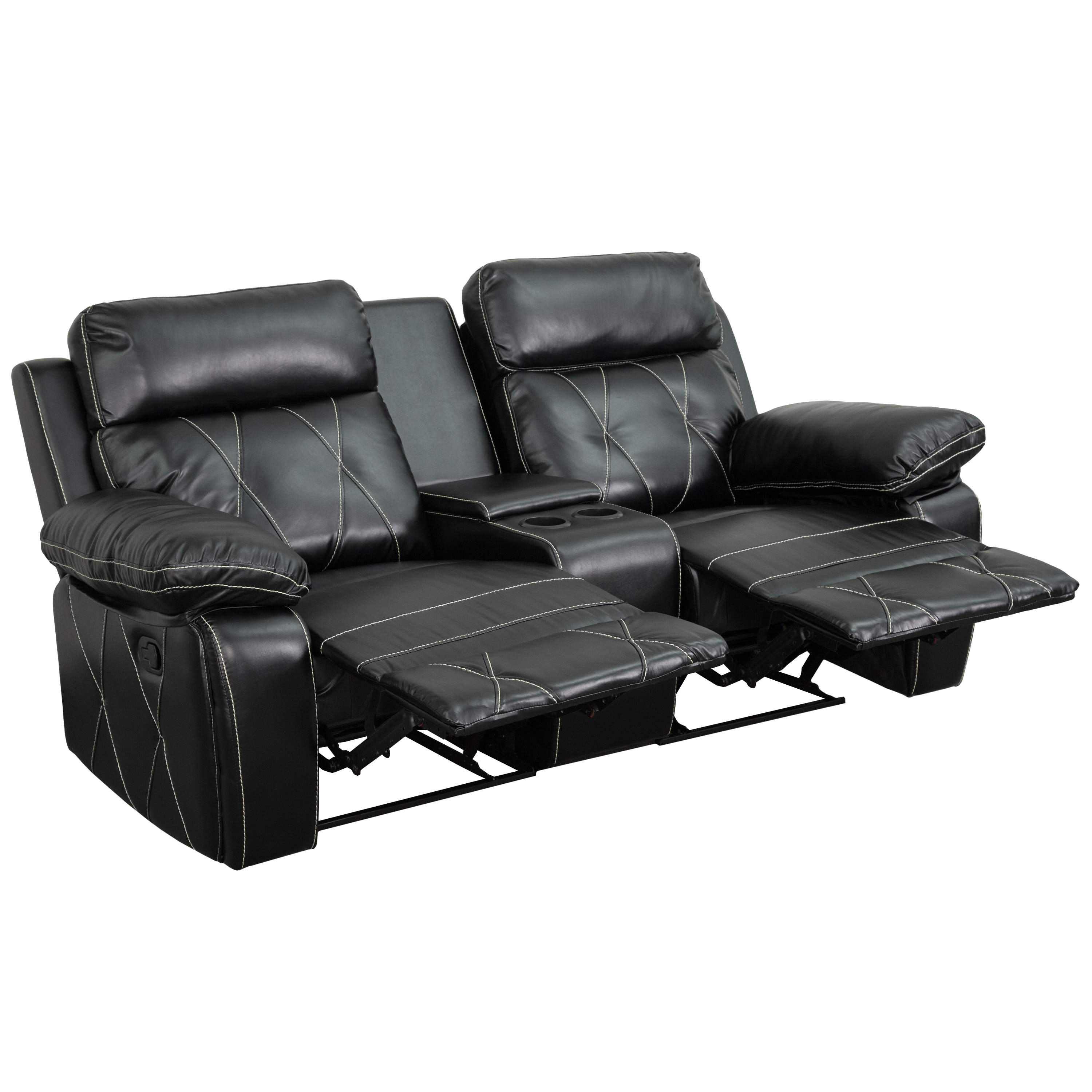 Flash Furniture BT-70530-2-BK-GG Reel Comfort Series 2-Seat Reclining Black LeatherSoft Theater Seating Unit with Straight Cup Holders