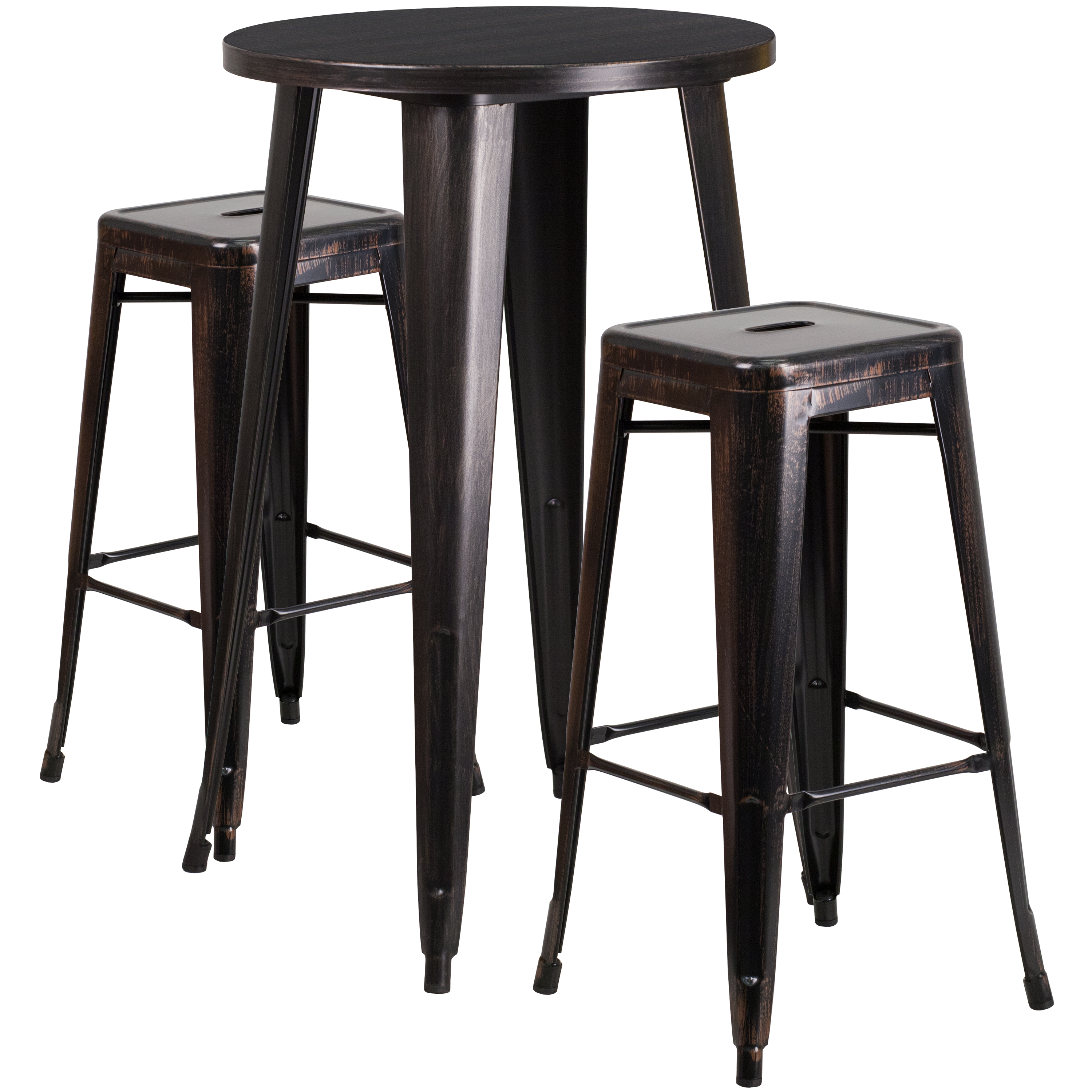 Flash Furniture CH-51080BH-2-30SQST-BQ-GG 24" Round Black-Antique Gold Metal Indoor/Outdoor Bar Table Set with 2 Square Seat Backless Stools