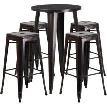 Flash Furniture CH-51080BH-4-30SQST-BQ-GG 24&quot; Round Black-Antique Gold Metal Indoor/Outdoor Bar Table Set with 4 Square Seat Backless Stools