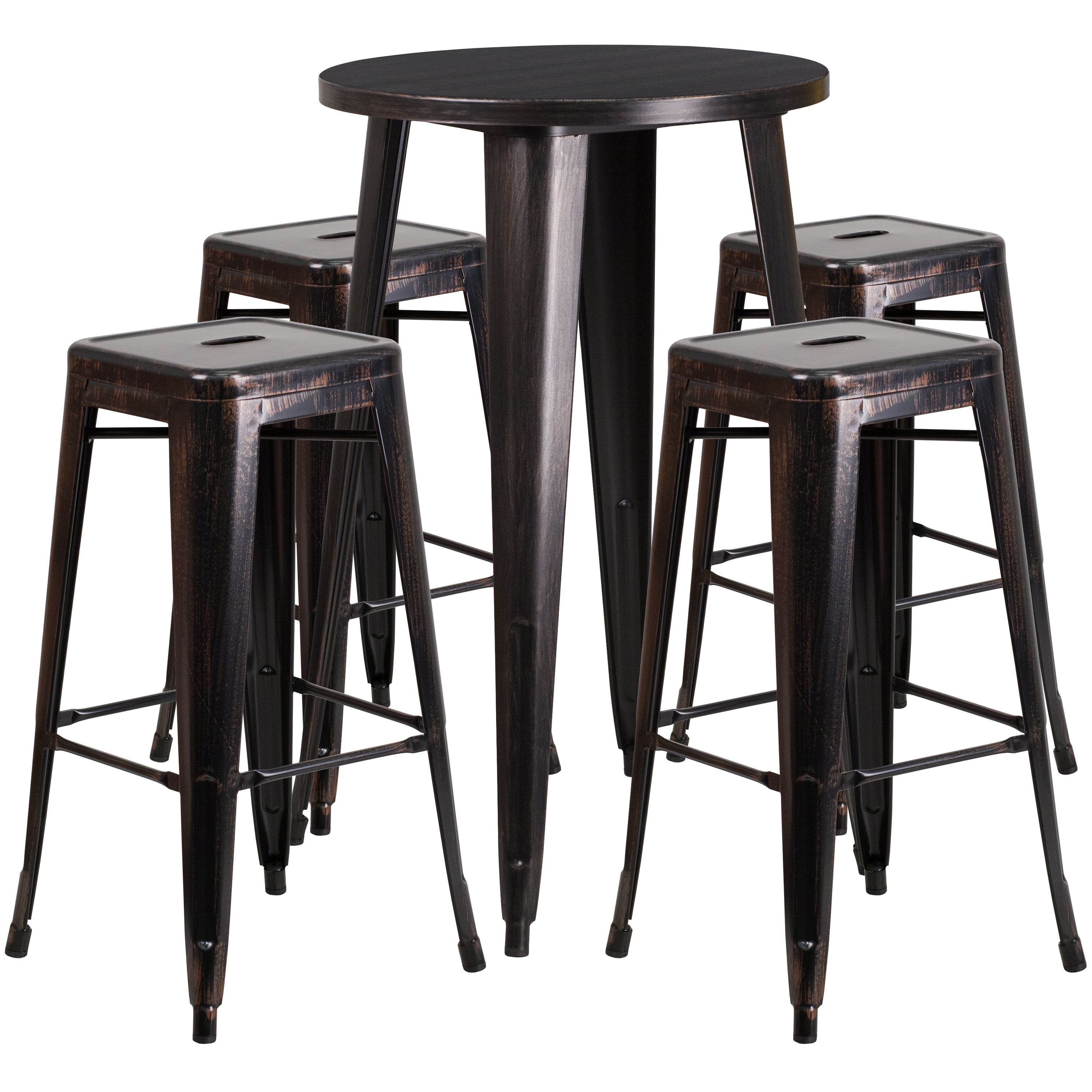 Flash Furniture CH-51080BH-4-30SQST-BQ-GG 24" Round Black-Antique Gold Metal Indoor/Outdoor Bar Table Set with 4 Square Seat Backless Stools