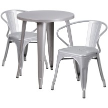 Flash Furniture CH-51080TH-2-18ARM-SIL-GG 24&quot; Round Silver Metal Indoor/Outdoor Table Set with 2 Arm Chairs