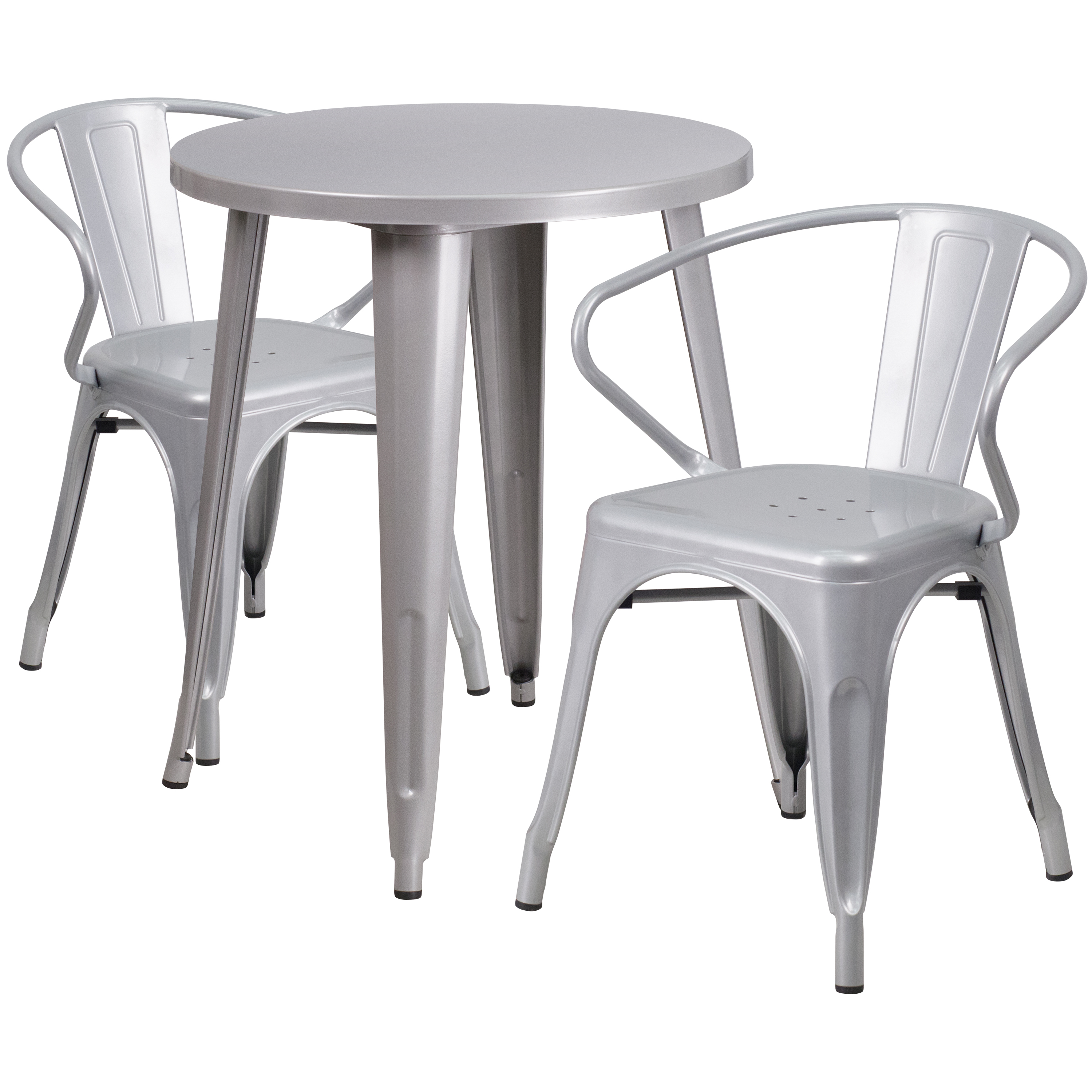 Flash Furniture CH-51080TH-2-18ARM-SIL-GG 24" Round Silver Metal Indoor/Outdoor Table Set with 2 Arm Chairs