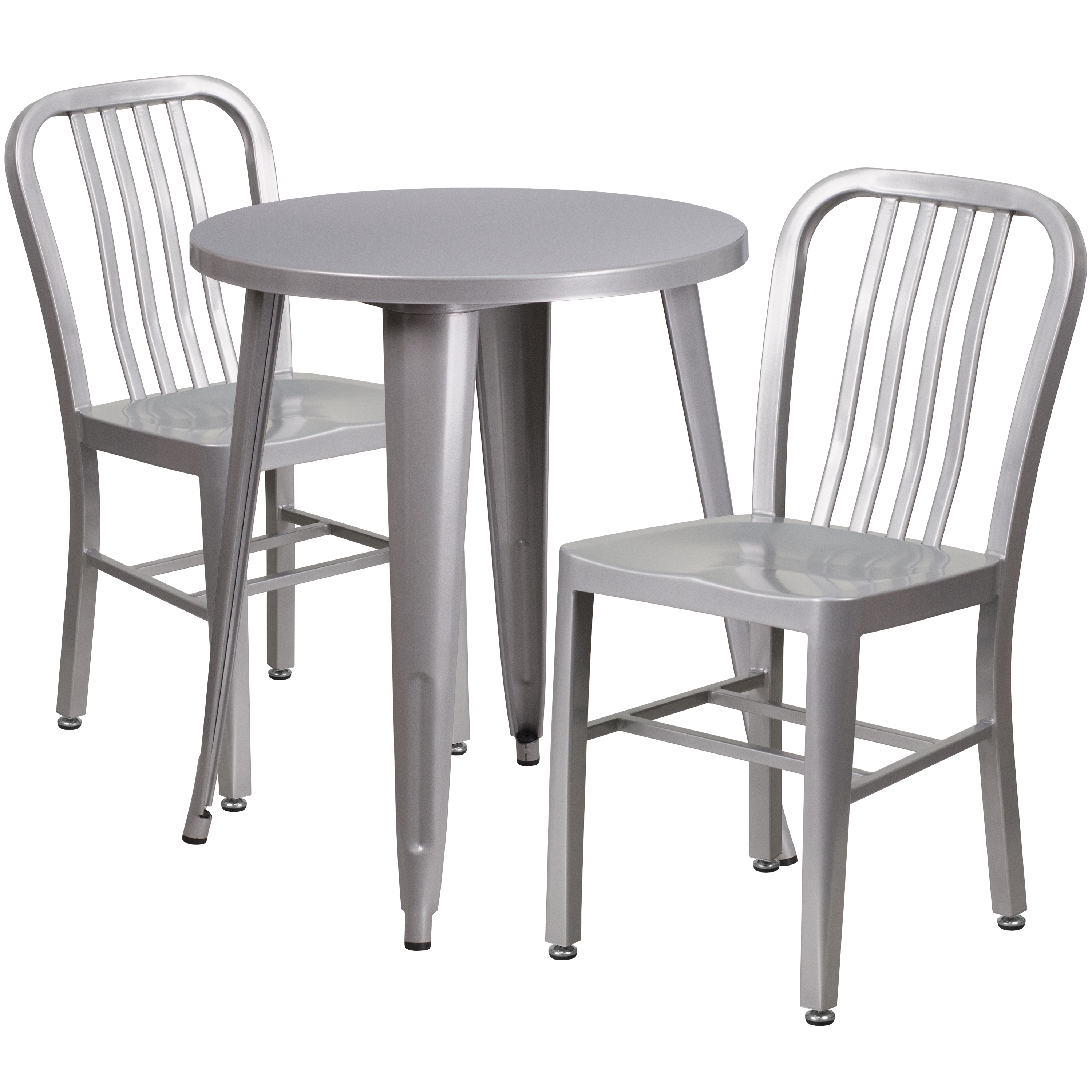 Flash Furniture CH-51080TH-2-18VRT-SIL-GG 24" Round Silver Metal Indoor/Outdoor Table Set with 2 Vertical Slat Back Chairs