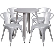 Flash Furniture CH-51080TH-4-18ARM-SIL-GG 24&quot; Round Silver Metal Indoor/Outdoor Table Set with 4 Arm Chairs