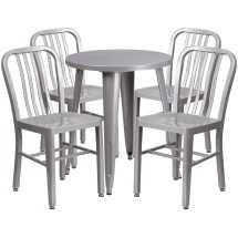 Flash Furniture CH-51080TH-4-18VRT-SIL-GG 24" Round Silver Metal Indoor/Outdoor Table Set with 4 Vertical Slat Back Chairs