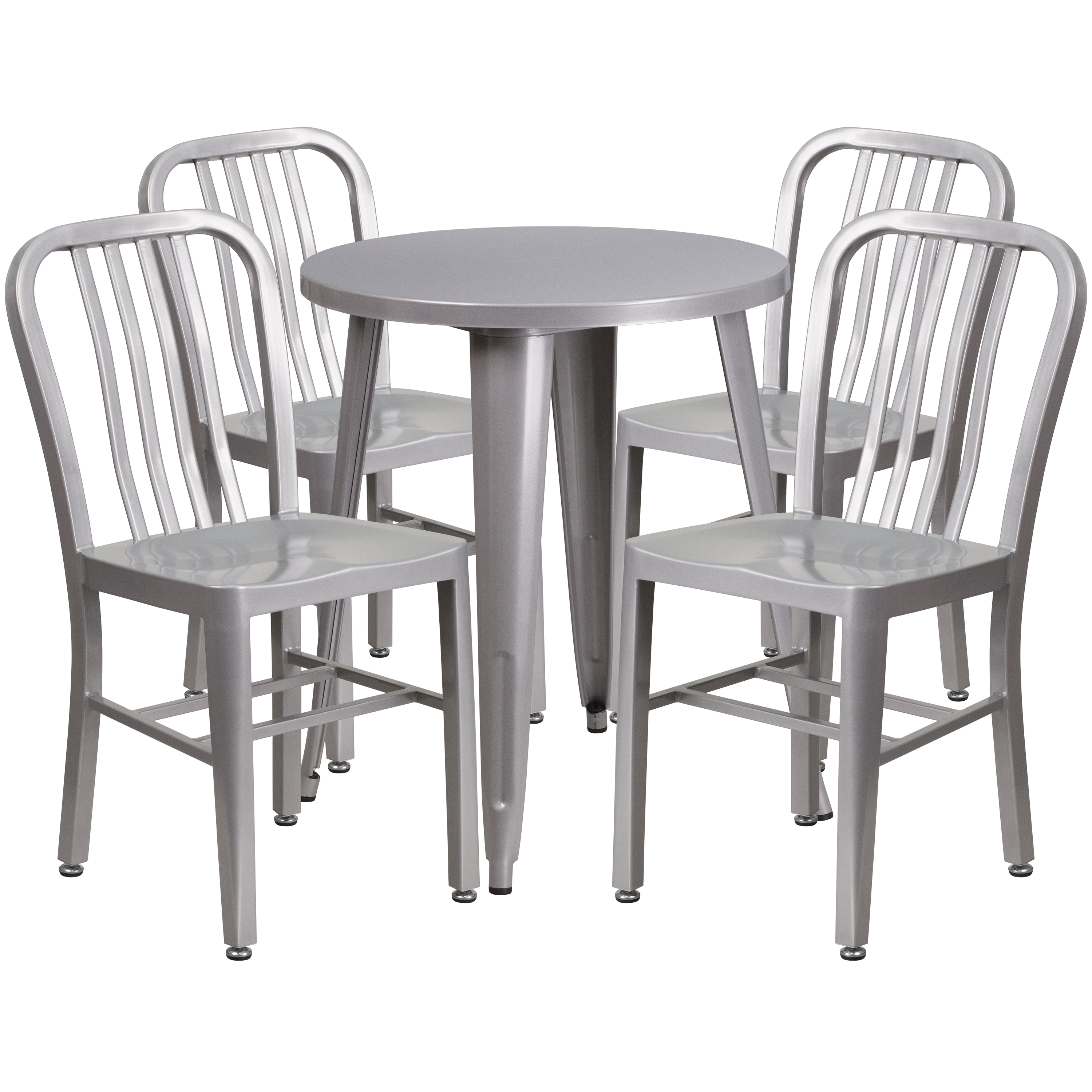 Flash Furniture CH-51080TH-4-18VRT-SIL-GG 24" Round Silver Metal Indoor/Outdoor Table Set with 4 Vertical Slat Back Chairs