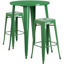 Flash Furniture CH-51090BH-2-30SQST-GN-GG 30&quot; Round Green Metal Indoor/Outdoor Bar Table Set with 2 Square Seat Backless Stools