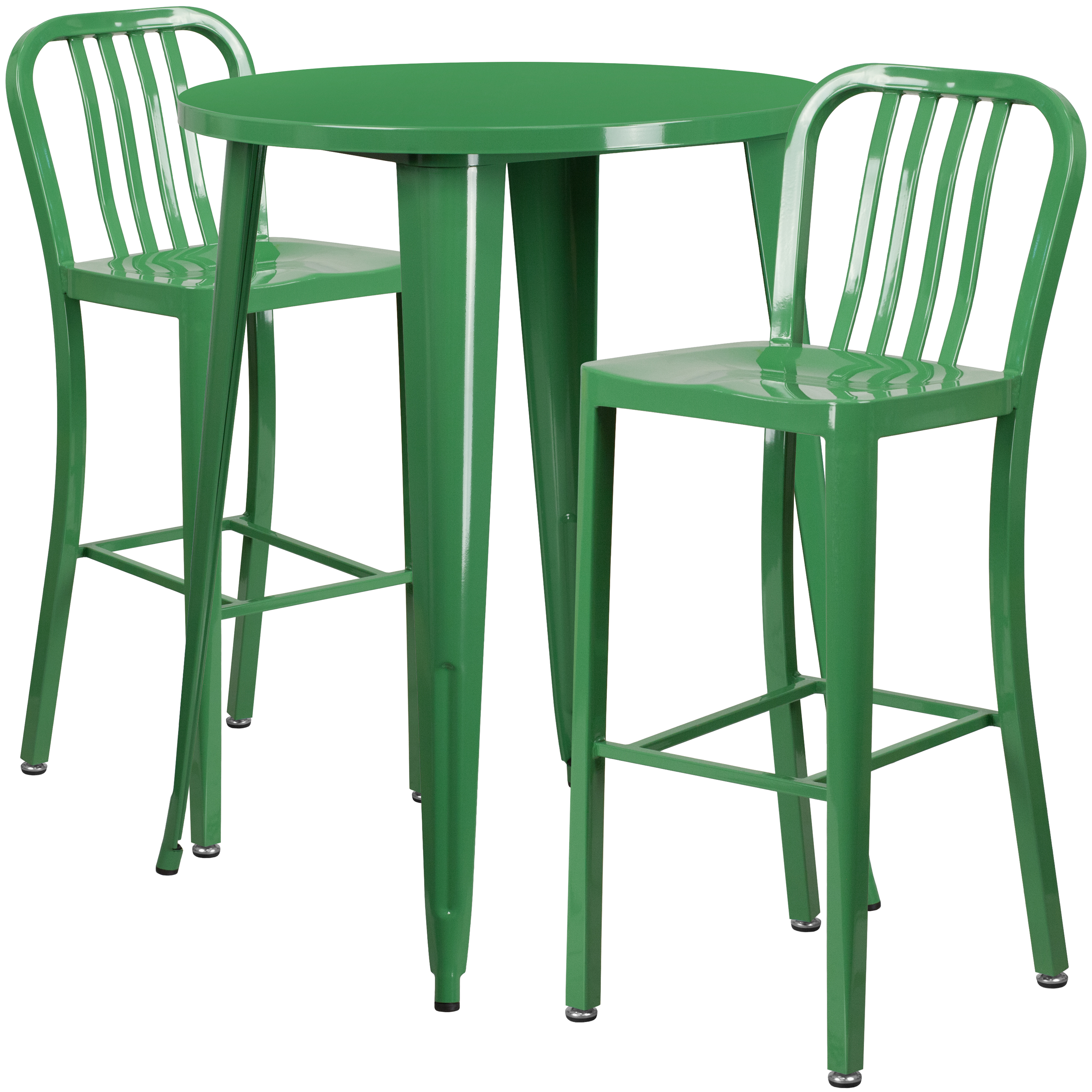 Flash Furniture CH-51090BH-2-30VRT-GN-GG 30" Round Green Metal Indoor/Outdoor Bar Table Set with 2 Vertical Slat Back Stools