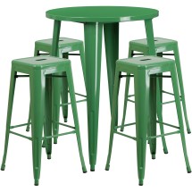 Flash Furniture CH-51090BH-4-30SQST-GN-GG 30" Round Green Metal Indoor/Outdoor Bar Table Set with 4 Square Seat Backless Stools