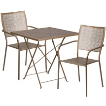 Flash Furniture CO-28SQF-02CHR2-GD-GG 28&quot; Square Gold Indoor/Outdoor Steel Folding Patio Table Set with 2 Square Back Chairs