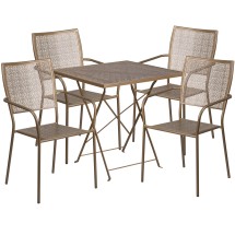 Flash Furniture CO-28SQF-02CHR4-GD-GG 28&quot; Square Gold Indoor/Outdoor Steel Folding Patio Table Set with 4 Square Back Chairs