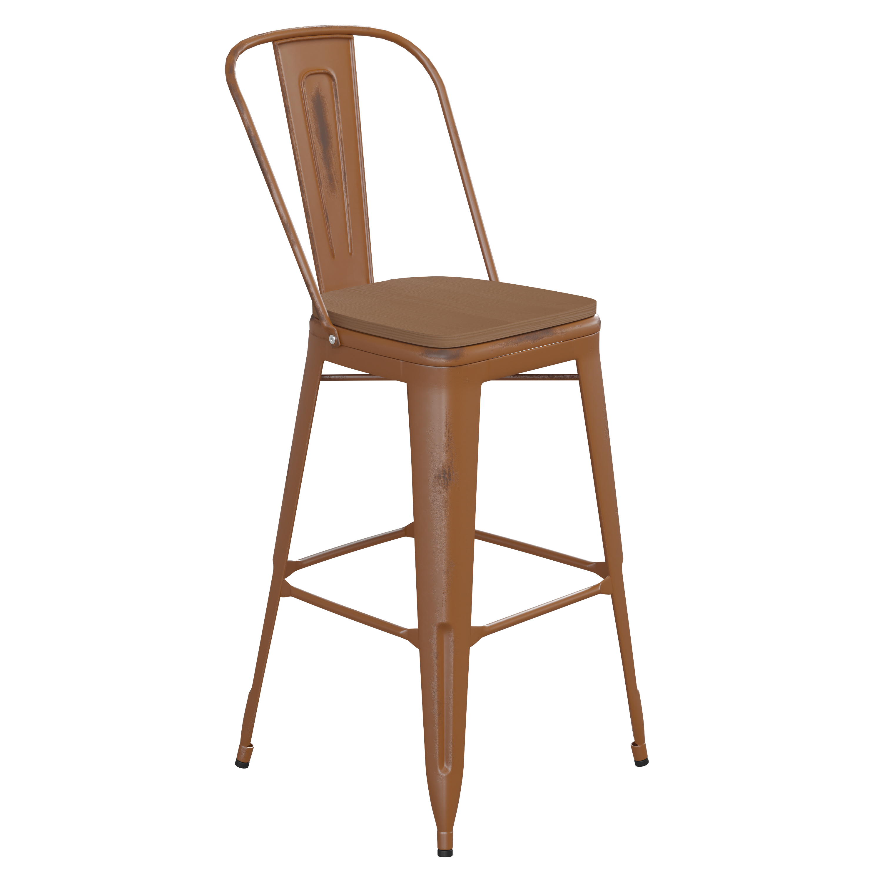 Flash Furniture ET-3534-30-OR-PL1T-GG 30" Orange Metal Indoor/Outdoor Barstool with Back with Teak Poly Resin Wood Seat