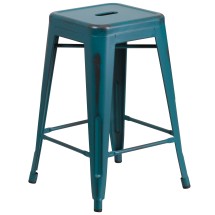 Flash Furniture ET-BT3503-24-KB-GG 24&quot; Backless Distressed Kelly Blue-Teal Metal Indoor/Outdoor Counter Height Stool