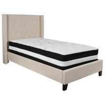 Flash Furniture HG-BM-33-GG Twin Size Tufted Upholstered Platform Bed, Beige Fabric with Pocket Spring Mattress