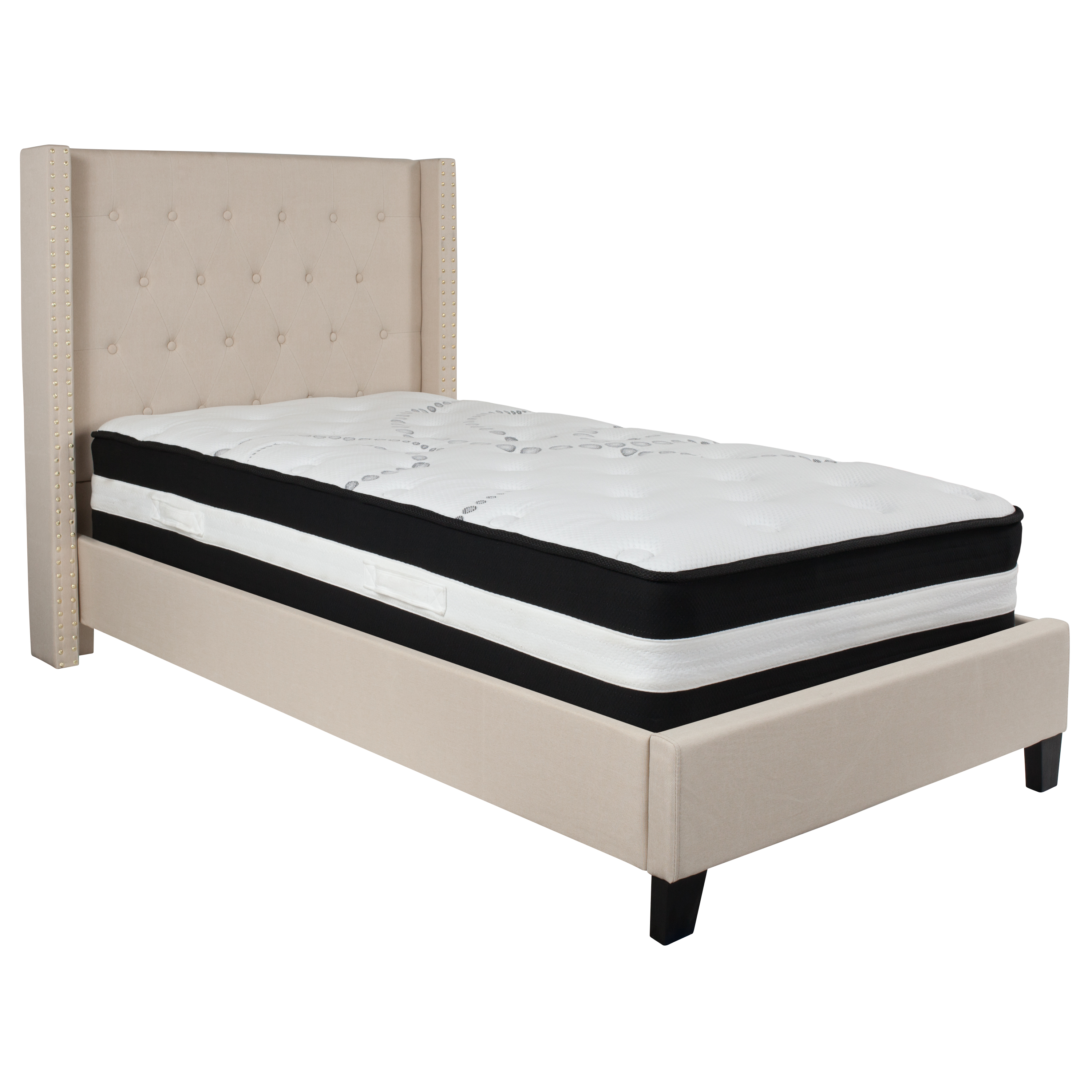 Flash Furniture HG-BM-33-GG Twin Size Tufted Upholstered Platform Bed, Beige Fabric with Pocket Spring Mattress