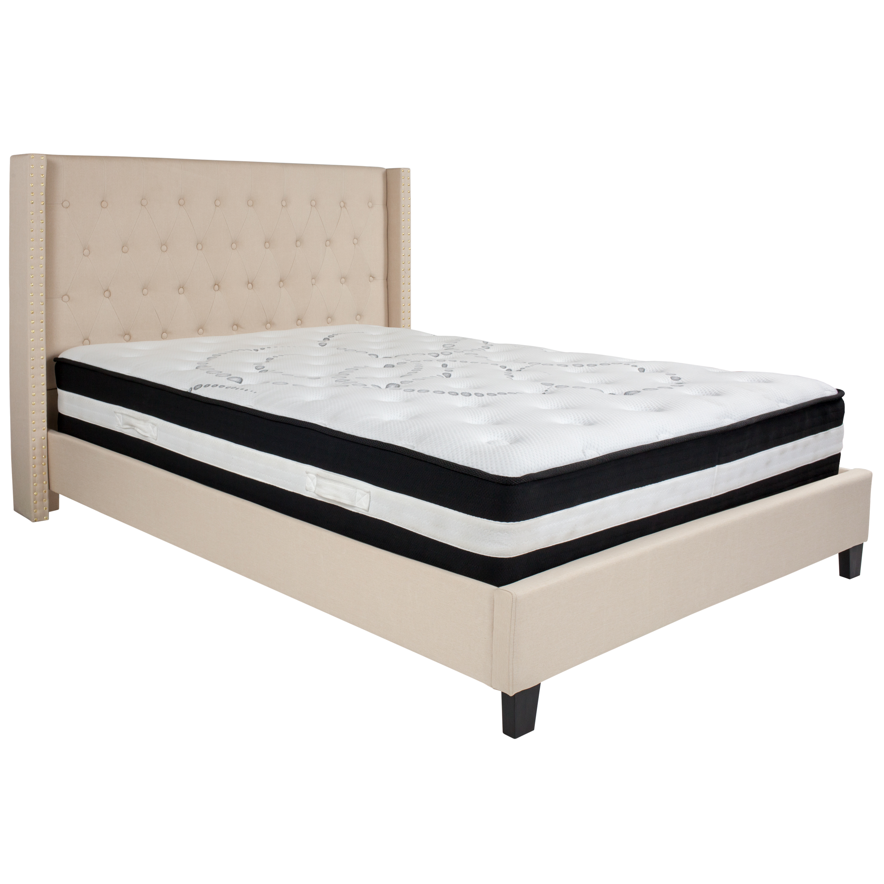 Flash Furniture HG-BM-35-GG Queen Size Tufted Upholstered Platform Bed, Beige Fabric with Pocket Spring Mattress