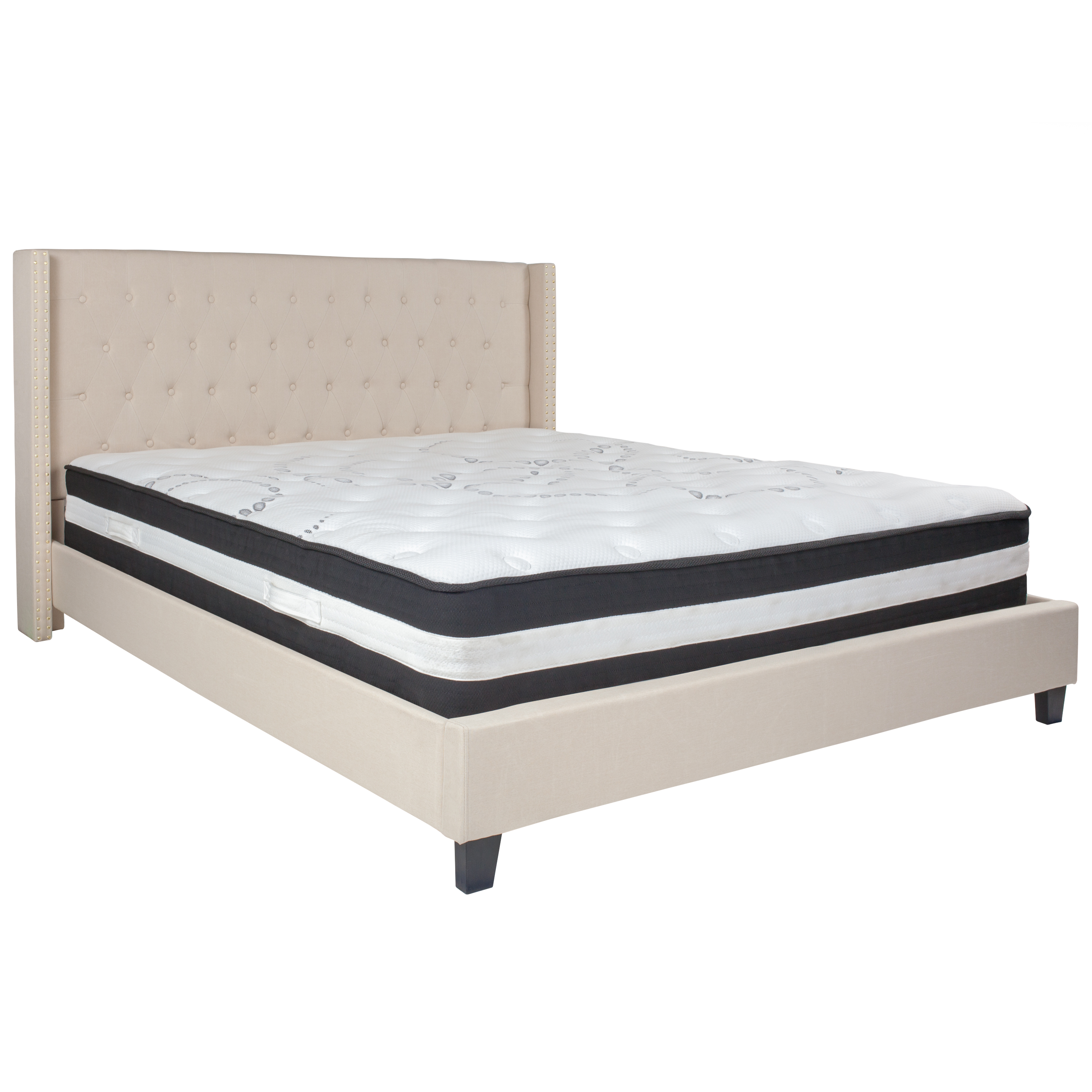 Flash Furniture HG-BM-36-GG King Size Tufted Upholstered Platform Bed, Beige Fabric with Pocket Spring Mattress