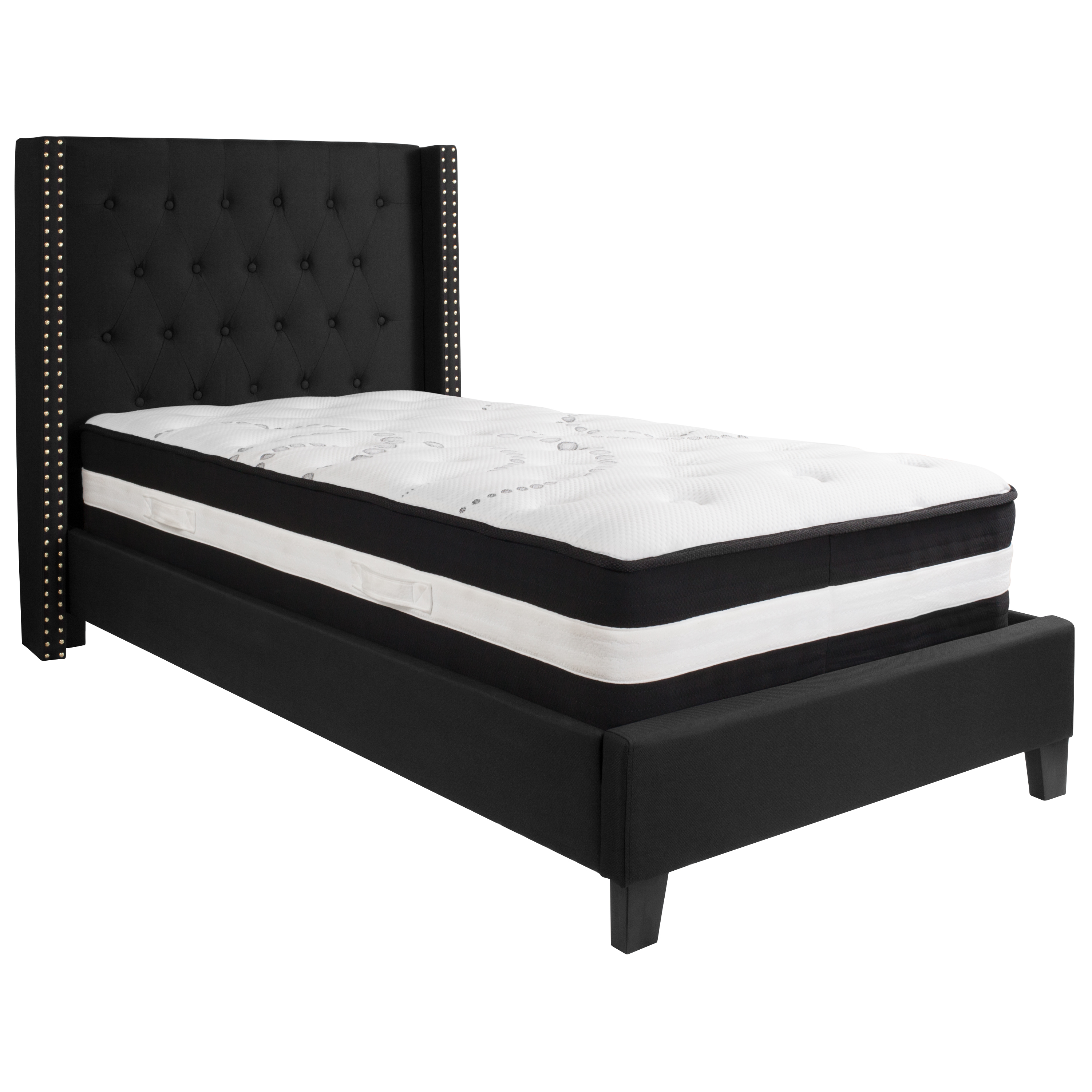 Flash Furniture HG-BM-37-GG Twin Size Tufted Upholstered Platform Bed, Black Fabric with Pocket Spring Mattress