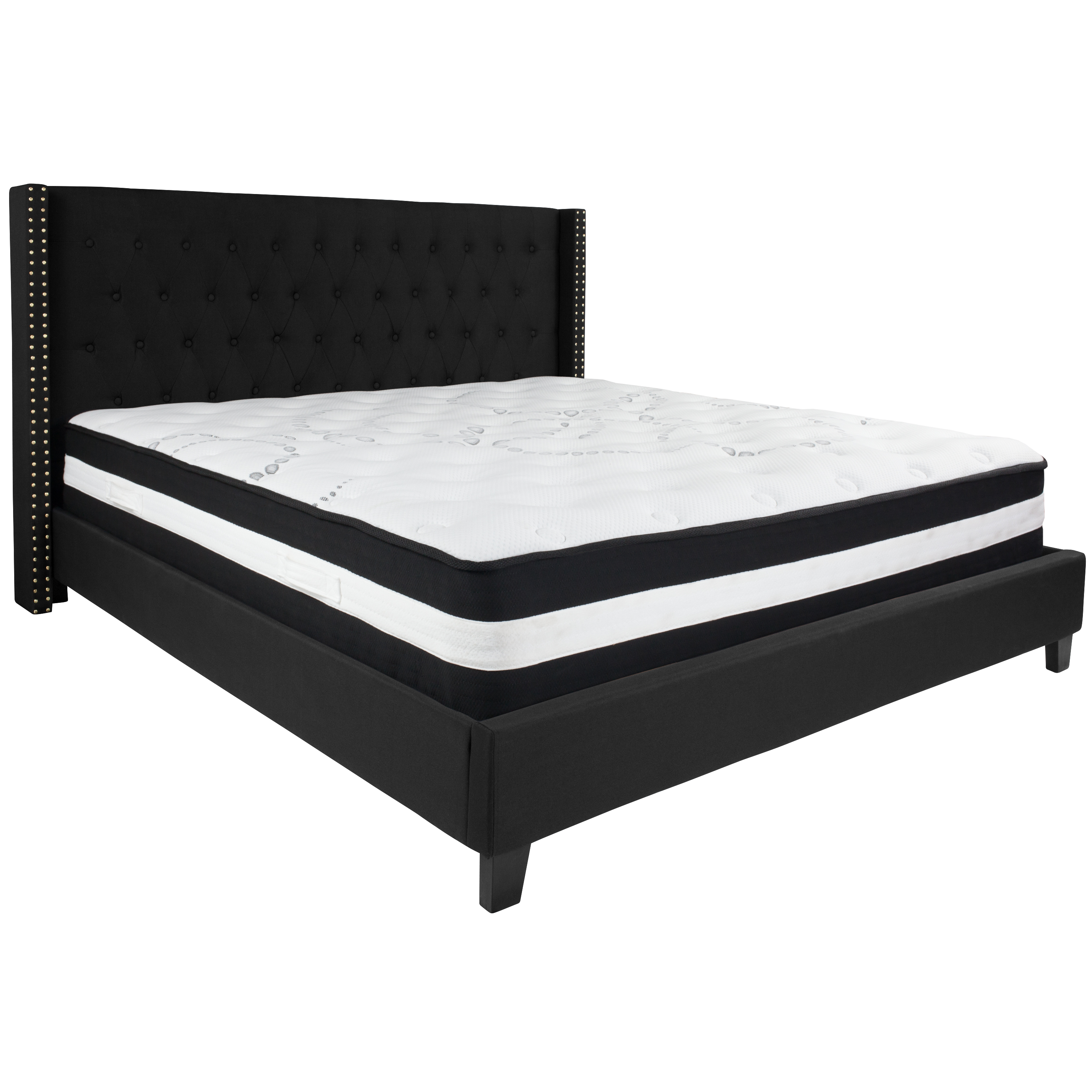 Flash Furniture HG-BM-40-GG King Size Tufted Upholstered Platform Bed, Black Fabric with Pocket Spring Mattress