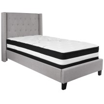 Flash Furniture HG-BM-41-GG Twin Size Tufted Upholstered Platform Bed, Light Gray Fabric with Pocket Spring Mattress