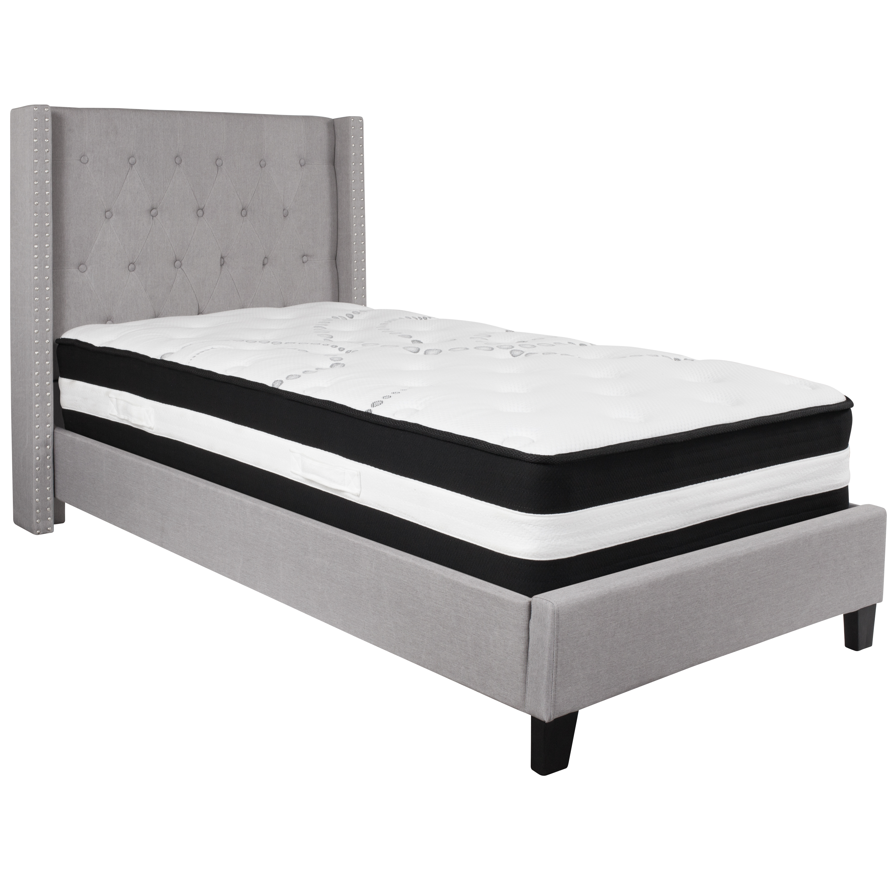 Flash Furniture HG-BM-41-GG Twin Size Tufted Upholstered Platform Bed, Light Gray Fabric with Pocket Spring Mattress