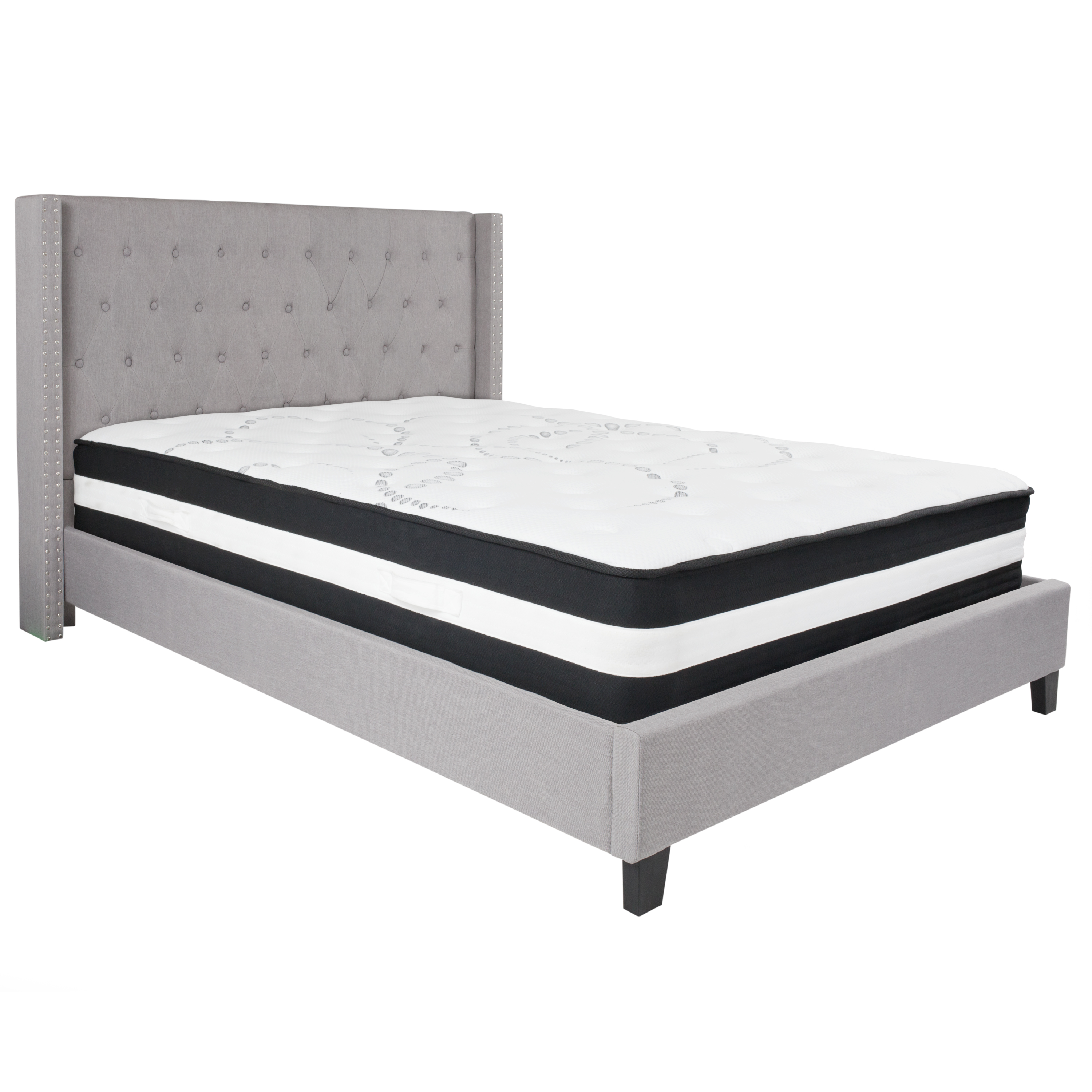 Flash Furniture HG-BM-43-GG Queen Size Tufted Upholstered Platform Bed, Light Gray Fabric with Pocket Spring Mattress