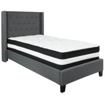 Flash Furniture HG-BM-45-GG Twin Size Tufted Upholstered Platform Bed, Dark Gray Fabric with Pocket Spring Mattress