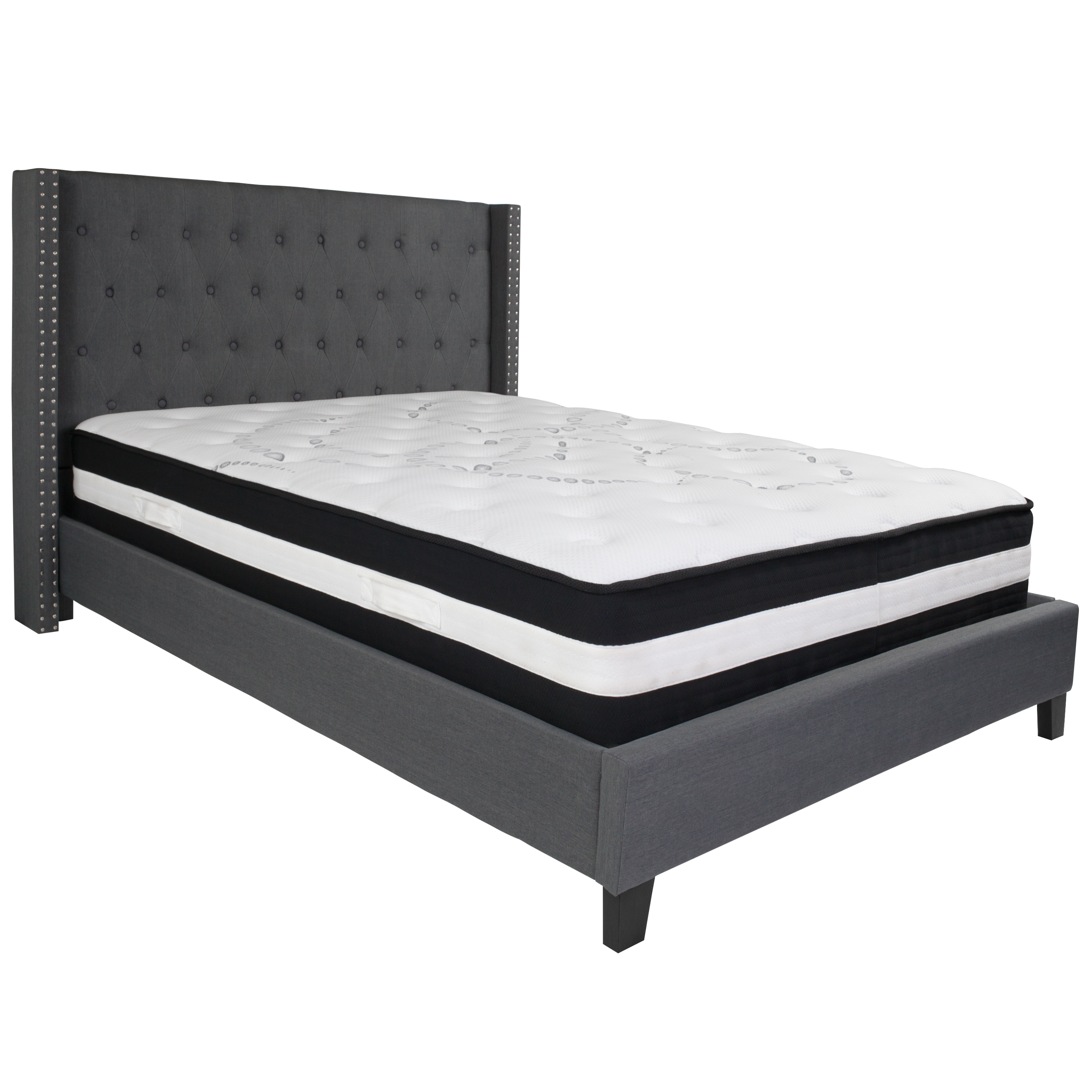 Flash Furniture HG-BM-47-GG Queen Size Tufted Upholstered Platform Bed, Dark Gray Fabric with Pocket Spring Mattress