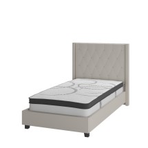 Flash Furniture HG-BM10-33-GG Twin Size Tufted Upholstered Platform Bed, Beige Fabric with 10&quot; Pocket Spring Mattress